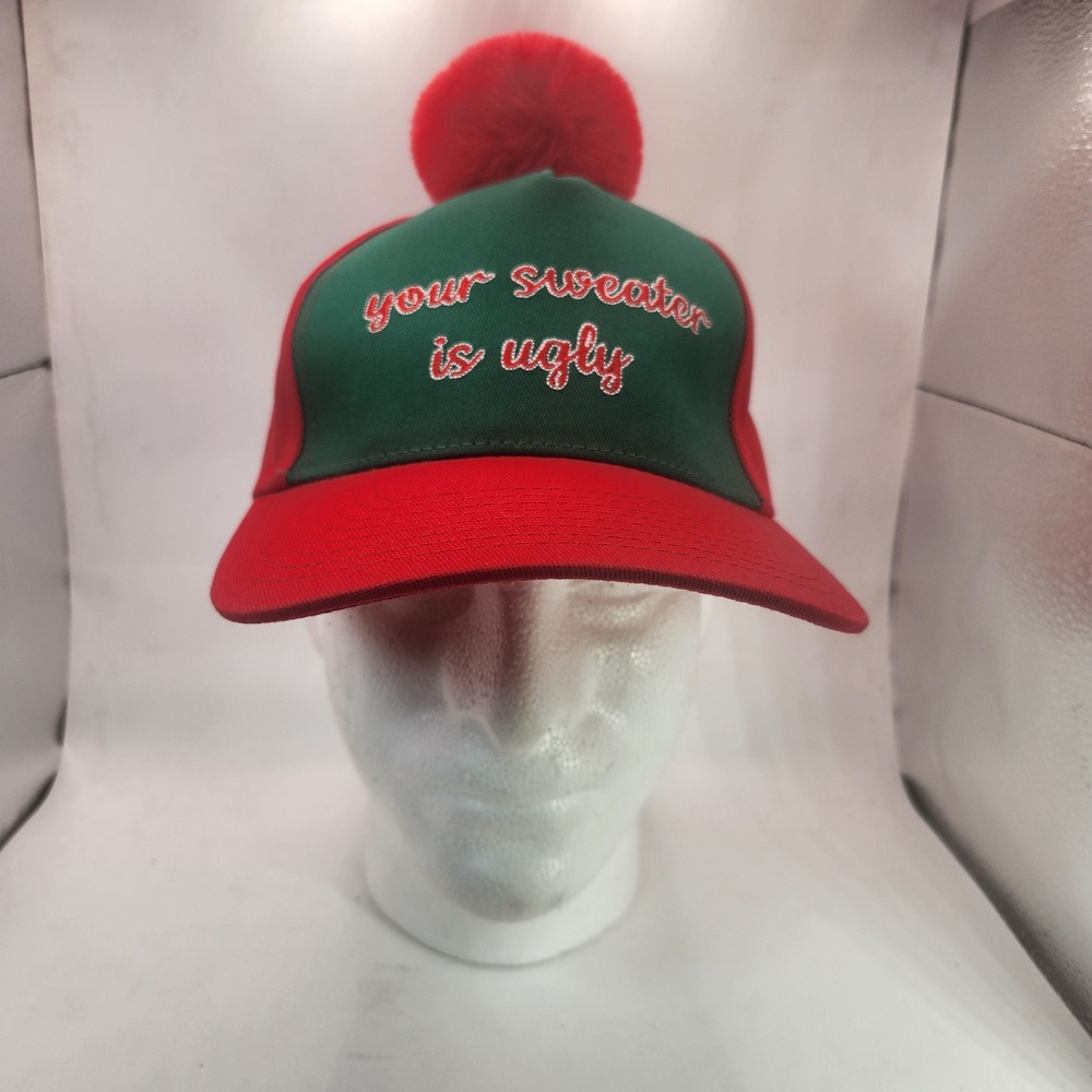 Your Sweater Is Ugly Christmas Pom Pom Baseball Hat Red Green Holiday Cap
